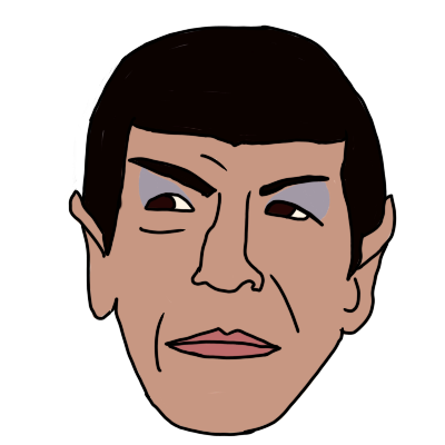 a drawing of the head of Spock from Star Trek: The Original Series. He has lavender eyeshadow and is raising an eyebrow.